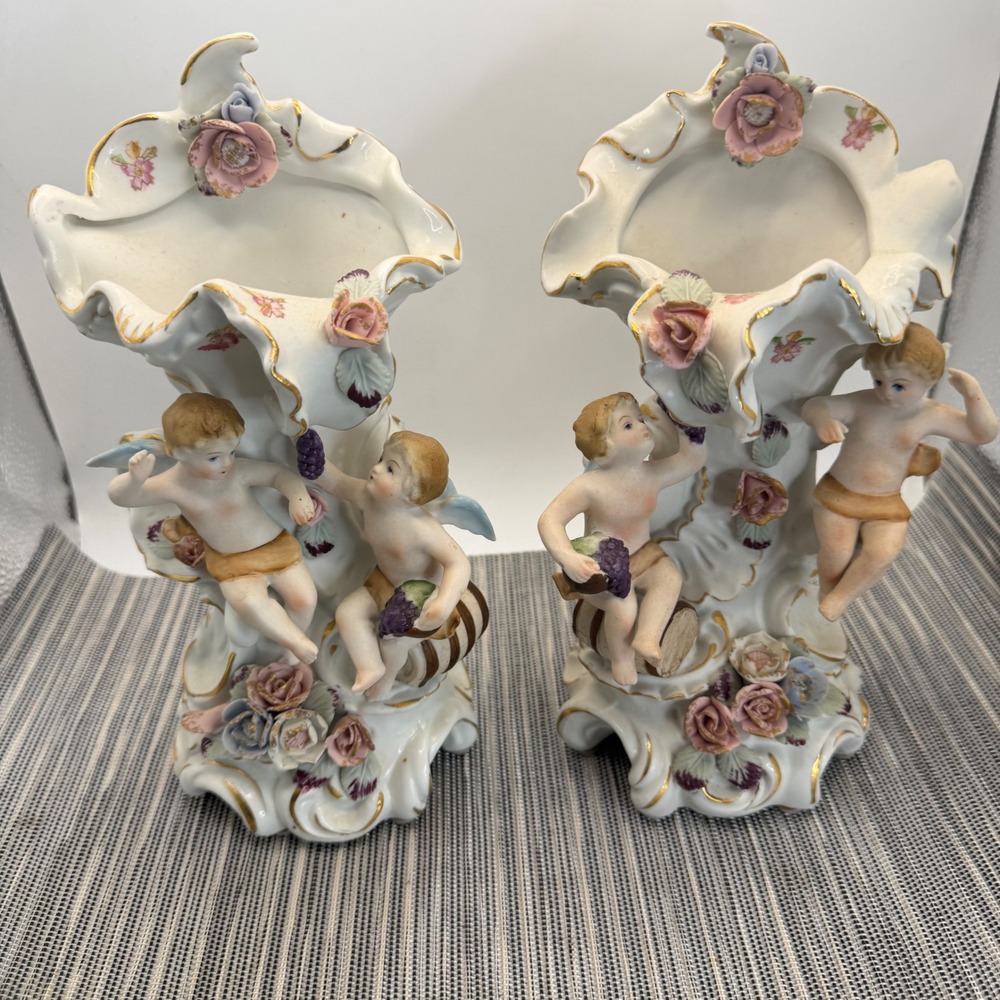 Vintage Porcelain Cherub Vases Pair 9" Rococo Style Floral Gilt Accents Set of 2